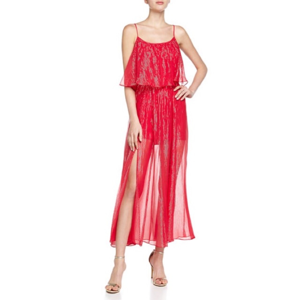 Halston Heritage Rose Pink Metallic Silk Chiffon Front Slits Tiered Maxi Dress S
